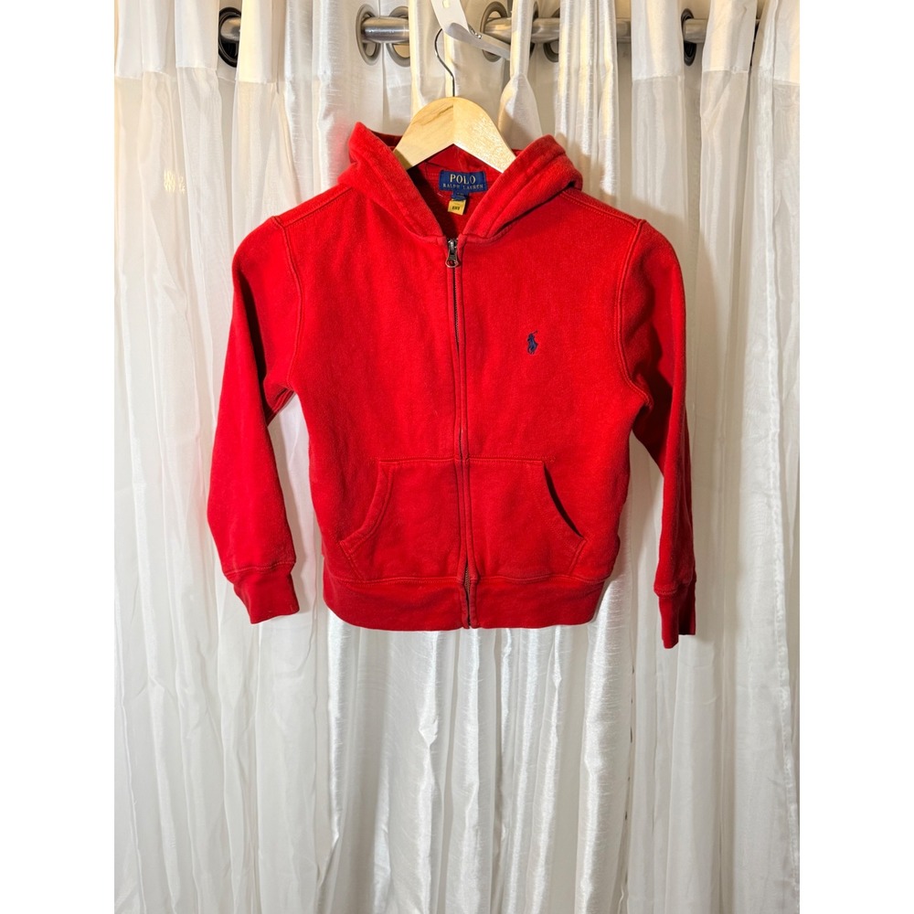 Polo Ralph Lauren Zip Hoodie Boys Size S 8 Red Navy Pony Logo Fleece Sweatshirt